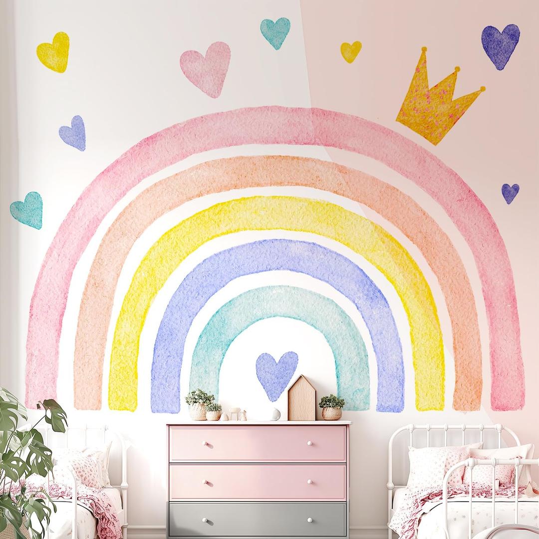 Boho Rainbow Wall Decals, Crown Heart Nursery Removable Wall Stickers, Large