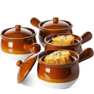 LE TAUCI French Onion Soup Bowls, 22 Ounce Ceramic Soup Bowls with Handles, Soup Crocks with Lids for Soup, Cereal, Chilli, Beef Stew, Oven Safe Stackable Serving Bowls Set, Set of 4