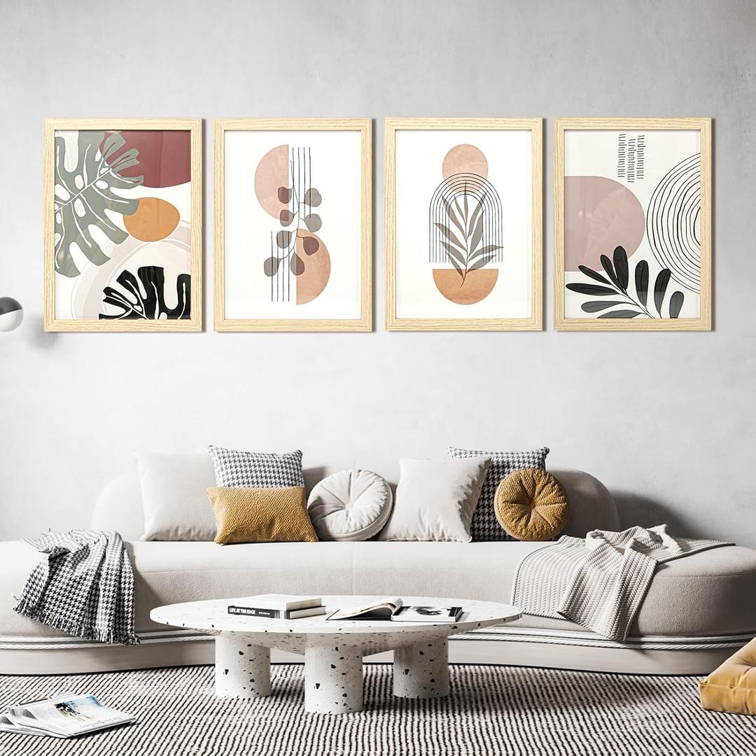 Art3d Framed Boho Wall Art Set of 4 for Wood Aesthetic Wall Decor for Living room Kitchen Hallway Bedroom, Neutral Botanical Wall Prints (10 x 8", Beige)