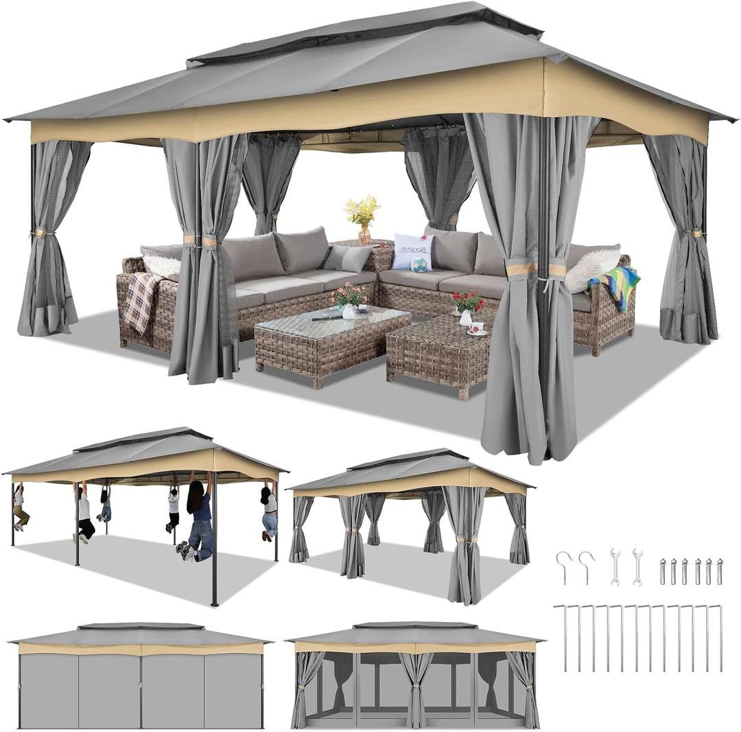 HOTEEL Gazebo 12x20, Outdoor Gazebo on Clearance with Double Ventilated Arc Roof, Privacy Curtains & Mosquito Netting, Easy Set up Canopy Tent with Stable Metal Frame for Patio, Gray (Windproof)
