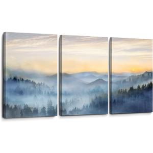 Wall Decor for Bedroom 3 Panel Sunrise Misty Forest Print Picture Paintings Wall Art for Living Room Bathroom Framed Canvas Artwork Modern Room Wall Decorations Size 16x24 x 3 Piece Ready to Hang (Blue)