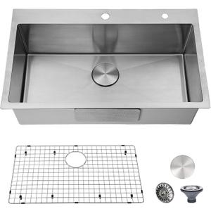 30 inch Drop in Kitchen Sink, Topmount Single Bowl 304 Stainless Steel Handmade Satin Finish Kitchen Sinks with Dish Grid and Strainer, 30*18*9 inch