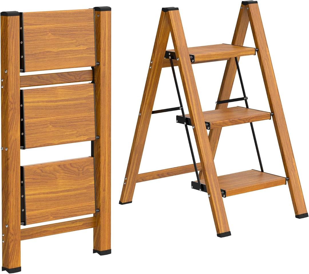 HBTower Step Ladder,Lightweight Aluminum Folding Step Stool with Anti-Slip Wide Pedal,330lbs Capacity Step Ladder for Household,Kitchen,Office - Woodgrain