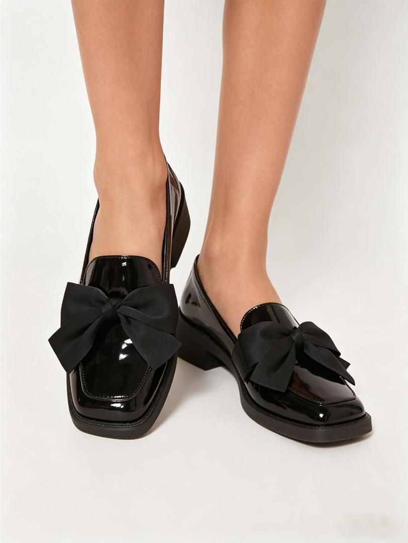 Patent Leather Loafers for Women Slip-On Platform Chunky Heel Bow Loafers, Size -8.5