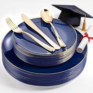 YOUBET 125PCS Blue Plastic Plates - Navy Blue Disposable Plates With Gold Rim Include 25 Dinner Plate, 25 Dessert Plate, 75 Gold Silverware Cutlery for Party & Wedding Graduation