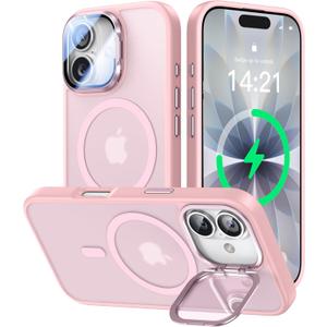 [Upgraded Full Camera Protection] for iPhone 17 Case with Camera Cover Stand [Fit for MagSafe][10FT Mil-Grade Protection] Translucent Magnetic iPhone 17 Phone Case, Pink