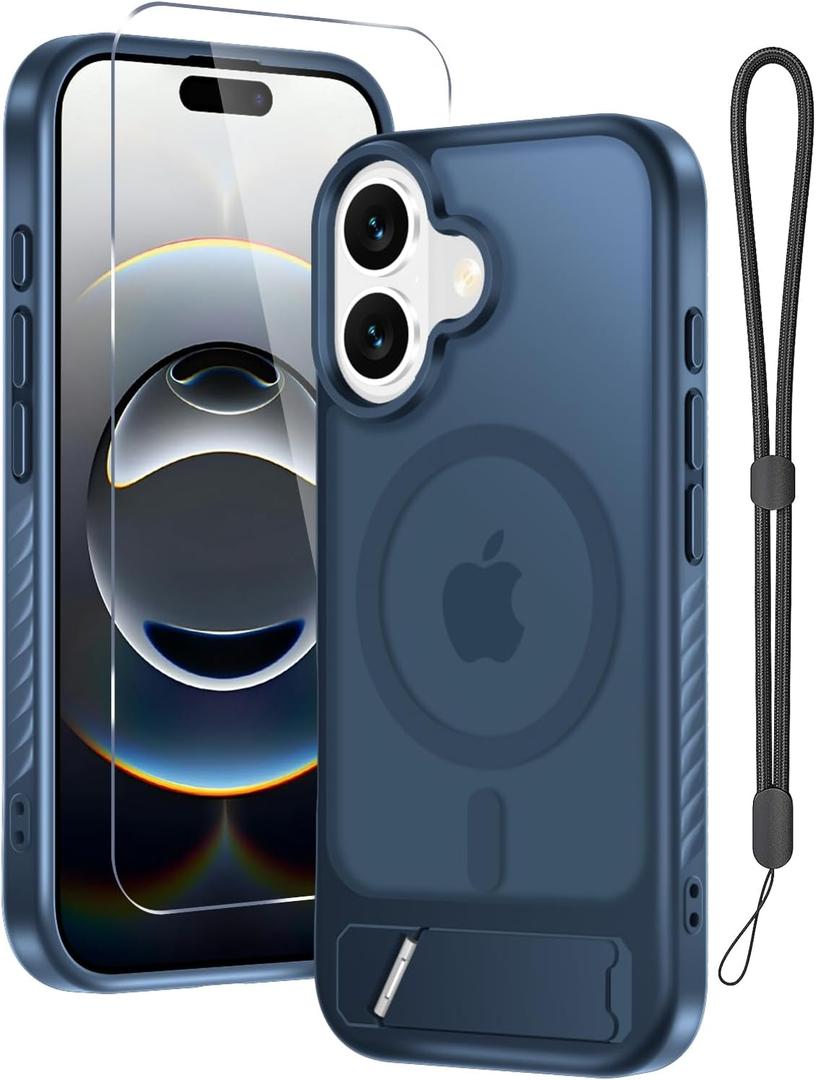 for iPhone 16 Case with Screen Protector+Lanyard Wrist Strap,Magnetic Translucent Matte Rugged Slim Phone Cover Built in Invisible Kickstand [Fit for MagSafe],Navy Blue