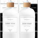 Vine Creations White Glass Soap Dispenser Set - Kitchen Soap Dispenser Set with Tray - Bamboo Dish Soap and Hand Soap Dispensers Set for Bathroom - White Kitchen Decor with Waterproof Labels