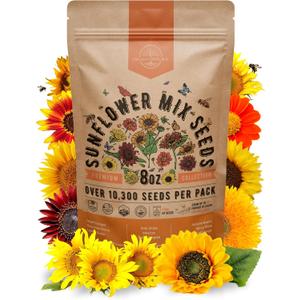 Sunflower Mix Seeds Pack 8 oz - Over 10,300 Non-GMO Heirloom Sunflower Seeds for Planting, Annual Flowers in Individual Seed Packet for Planting Home Garden Indoor & Outdoor Gardening