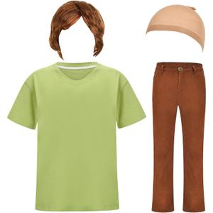 Halloween Deluxe Adult Costume for Men, Brown Wig, Green T-Shirt and Brown Pants (Large)