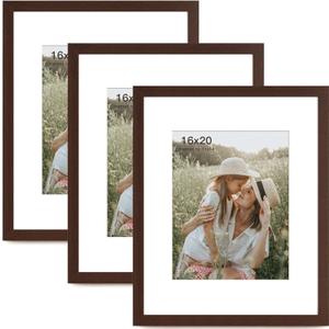 16x20 Picture Frame with Mat for 11x14 Set of 3, Dark Brown Wood Grain 16x20 Frames for Wall Mounting (3 Pack, Walnut)
