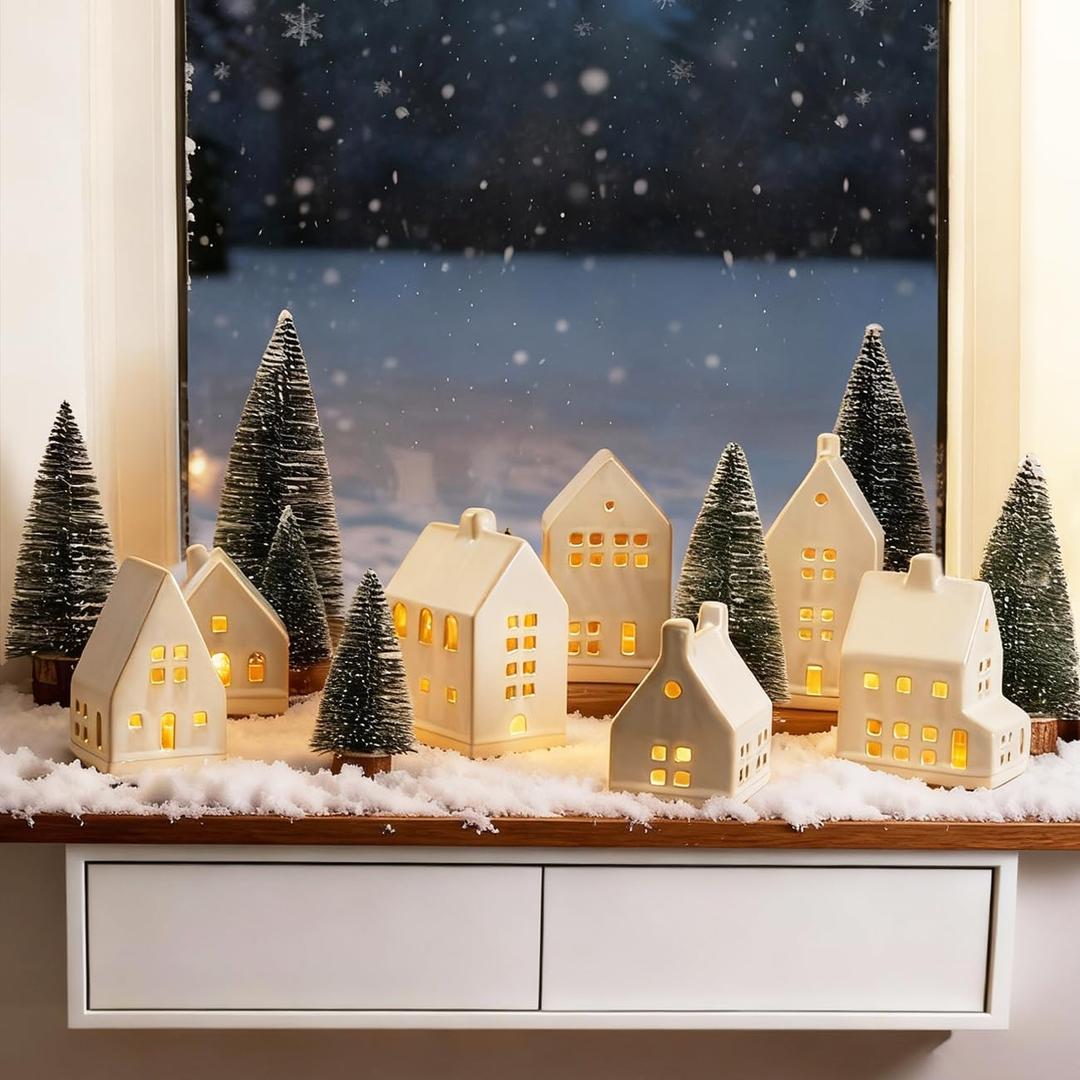 Christmas Village Set - 7 White Ceramic Houses with Remote LED Tea Lights and 8 Mini Trees, Farmhouse Christmas Decorations Indoor for Fireplace, Mantel, Tabletop, Shelves Winter Holiday Decor