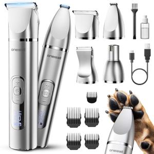 oneisall 4 in 1 Dog Grooming Kit with LCD Display, Dog Hair Trimmer for Paw Nail Grinder, Rechargeable Cordless Low Noise IPX7 Waterproof Pet Clippers (Silver)