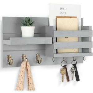 Mail Organizer for Wall Mount  Key Holder with Shelf Includes Letter Holder and Hooks for Coats, Dog Leashes  Rustic Wood with Flush Mounting Hardware (16.5 x 8.7 x 3.5) (Gray)
