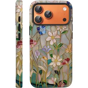 Compatible with iPhone 17 Pro Max Case 6.9, Cute Floral Patterns Shockproof Protective Aesthetic Phone Case with Stylish Designs for Women Girl, Stained Glass Bloom Flower