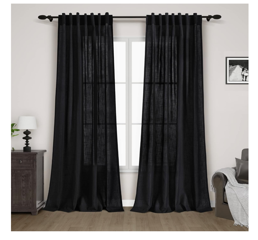 Black Linen Curtains 84 inches Long 2 Panels for Bedroom Back Tab Light Filtering Privacy Sheer Black Curtains Muslin Look Modern Farmhouse Cotton Textured Gauze Curtain for Living Room 2 Panel Set