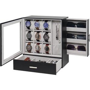 Jenseits 9-Slot Watch Box, Mens Jewelry Box with Glass Lid and Drawer, Leather Watch Organizer for Watches, Sunglasses, Vertical Watch Case Holder for Men Women, Gift Idea