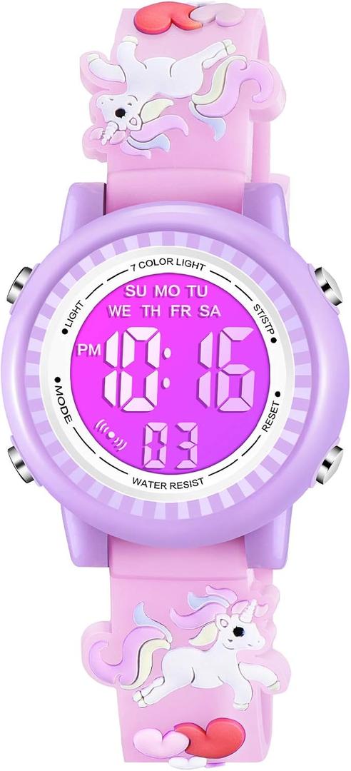 Venhoo Kids Watches 3D Cartoon Waterproof 7 Color Lights Toddler Wrist Digital Watch with Alarm Stopwatch for 3-10 Year Girls Little Child (Unicorn)