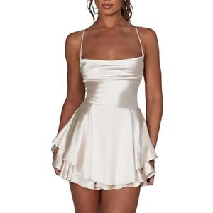 Women's Sexy Satin Mini Dress Sleeveless Tie Backless Cowl Neck Cocktail Party Silk Mini Cami Dress, Size S