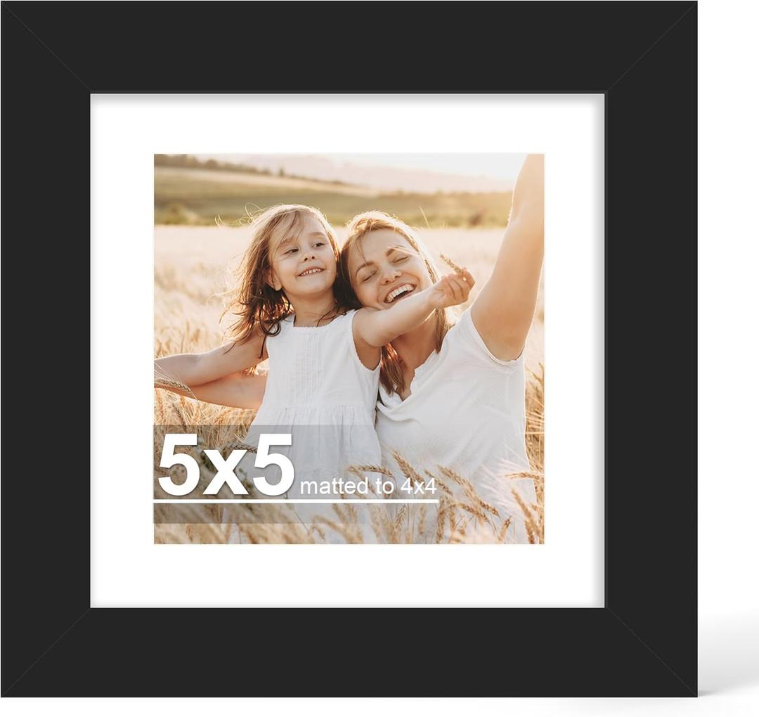 Hongkee 5x5 Picture Frame with Glass, Display Pictures 4x4 with Mat or 5 x 5 without Mat - Wall and Tabletop, 5 by 5 Photo Wooden Frames (Black, 1 Pack)