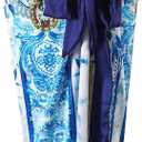 One Piece Bathing Suit for Women with Beach Cover up Wrap Skirt Swimsuit Sarong Retro Floral Print Bikini Set (Blue), XL
