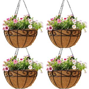 14 inch Metal Hanging Baskets For Plants Outdoor 4 Pack Round Metal Wire Hanging Basket Planter with Coco Fiber Liners Chain Round Wire Plant Holder for Garden, Patio, Deck, Porch Plants Flower Potss