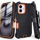 for iPhone 16 Case with Belt Clip Holster + Screen Protector, 3-Layer Heavy Duty Rugged Shockproof Anti-Drop Full Body Protective Case for iPhone 16 6.1 Inch (Black+Orange)