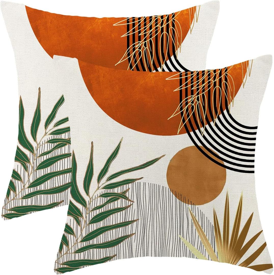 Boho Pillow Covers 18x18 Set of 2 Abstract Green Orange Gold Sunset Throw Pillow Cover Outdoor Decoration Mid Century Bohemian Style Tropical Leaf Pillowcase Farmhouse Cushion Case For Home Sofa