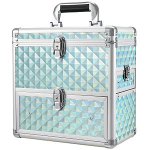 FRENESSA Extra Large Makeup Organizer Case Cosmetic Box Storage with Drawer Mirror Nail Manicure Accessory Organizer With Dividers Travel Nail Art Case for Makeup Artist Nail Tech Case Watery Blue