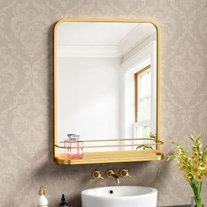 Gold Bathroom Mirror with Shelf 26.8x21.3 Inch Metal Framed Vanity Mirror with Shelves Wall Mounted Modern Rectangle Matte Mirror for Bathroom Wall Anti-Rust