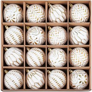 Christmas Ball Ornaments Set, 16ct 80mm Elegant White and Gold Assorted Xmas Tree Ball Ornaments, Shatterproof Christmas Tree Hanging Ornaments for Xmas Decoration