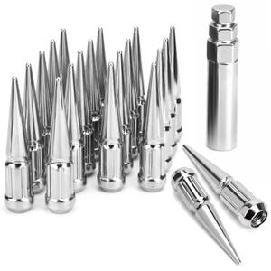 DYNOFIT 12mmx1.5 Wheel Spike Lug Nuts, 20 x M12x1.5 Lug Nut, 3.35 inch Tall Closed End Nuts with 1 Socket Key Compatible with Acura Honda Chevy Hyundai Toyota Lexus Mitsubishi(Chrome) (Silver)