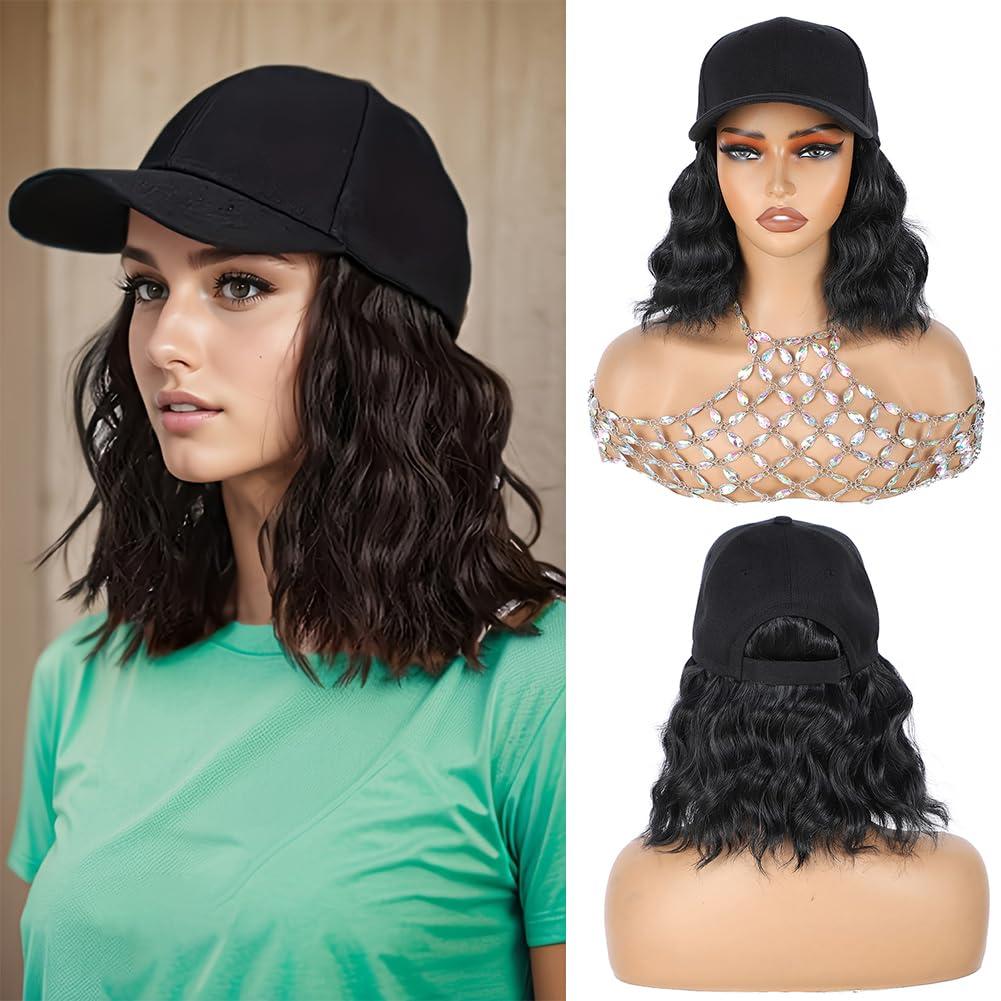 GUOJIAN Hat Wigs for Women 6' Short Wave Baseball Cap Wigs with Curly Hair Extensions Synthetic Wave Wig Adjustable Hat with Hair Attached for Daily Use (1B, 6inch)