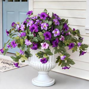 2PCS Artificial Petunia Flowers for Outdoors, Fake Flowers for Outdoor Planters UV Resistant Faux Silk Petunias for Garden Porch Yard Balcony Patio Realistic Home Kitchen Decor(Double Purple)