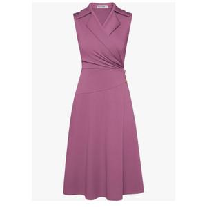 GRACE KARIN 2025 Women's Notch Lapel Ruched Wrap V Neck Business Work Dress Sleeveless A Line Midi Dress, L