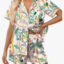 Ekouaer Womens Silk Pajama Sets Button Up Satin Pjs Short Sleeve 2 Piece Pj Sets Cute Lounge Sets with Chest Pocket L