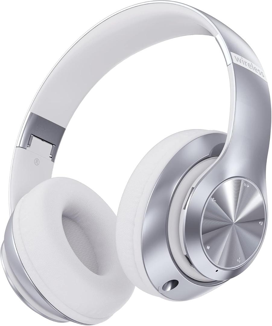 Wireless Bluetooth Headphones Over-Ear, 60H Playtime Foldable Lightweight and Wired Stereo Deep Bass Headset HiFi Stereo Sound with 6 EQ Modes, Micro SD/TF, FM, for Travel Work Laptop PC Cellphone (Silver)
