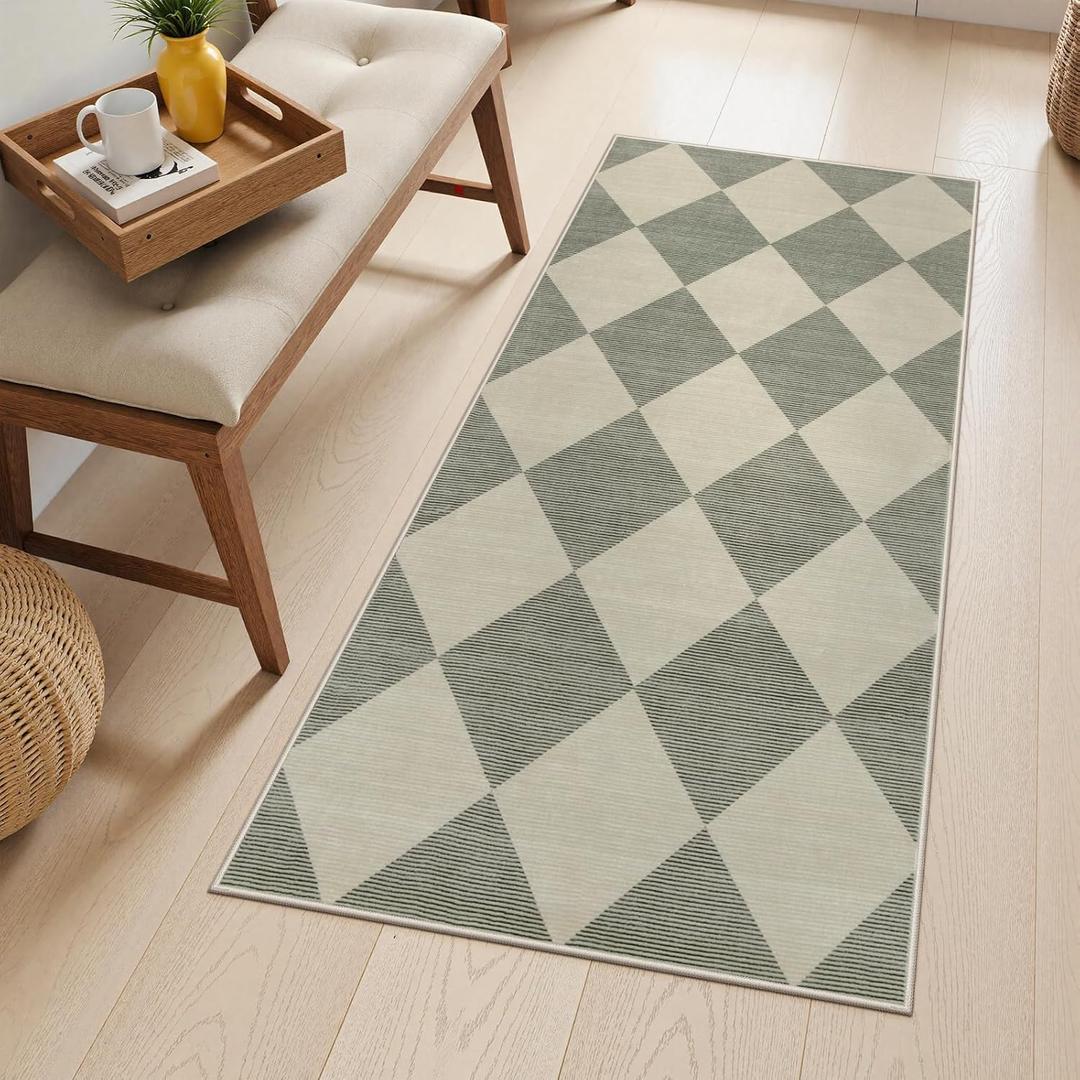 Beeiva Checkered Rug Runners for Hallways Non Slip, 2x4 Washable Runner Rug for Kitchen Ultra Thin Green Entryway Runner, Gingham Diamond Decor Farmhouse Throw Carpet for Bathroom Laundry, Green/Grey
