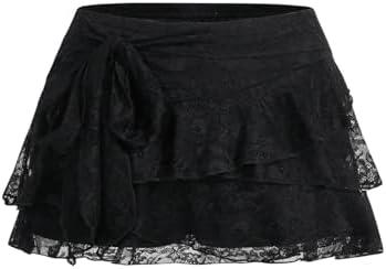 SHENHE Women's Lace Low Rise Y2k Layered Ruffle Tie Bow Mini Skirt Cute Cake Skirt, M SHENHE Women's Lace Low Rise Y2k Layered Ruffle Tie Bow Mini Skirt Cute Cake Skirt, M