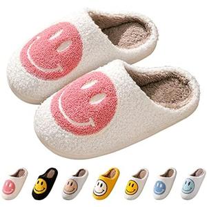 Bevaney Smile Face Slippers for Women - Soft Plush Retro Preppy Slip-on Comfortable Indoor/Outdoor Shoes Size 7