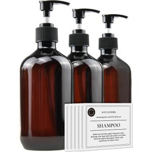 Empty Plastic Bottles with Pump Dispenser and Labels Included, Refillable Travel Containers for Hand sanitizer Shampoo Lotion, etc - No BPA/Parabenf, 500ml/16.9oz (Amber, 3 Pack)