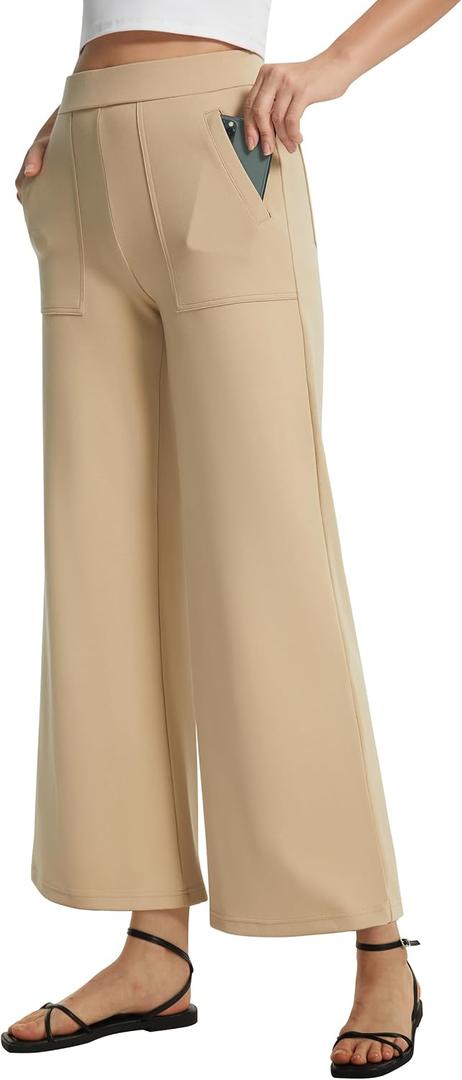 AFITNE Women's Wide Leg Yoga Dress Pants High Waist Stretchy Pull On Work Pants Cropped Casual Lounge Ankle Pants (S, Beige)