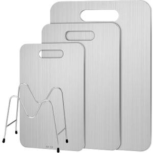 3 Pcs 15.4"x11", 13.4"x9", 11.4"x7.9" Stainless Steel Cutting Board with Holder Dishwasher Safe Chopping Boards Kitchen Double Sided Metal Cutting Board for Meat Fruit Vegetable