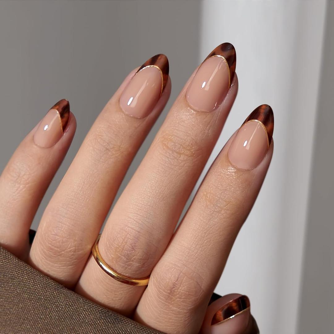 BTArtbox Press On Nails Short Almond - Tortoise Shell, Winter French Tip Press On Nails, Soft Gel Fake Nails Brown, Reusable Glue On Nails with Nail Glue in 16 Sizes, 32 Stick On Nail Kit