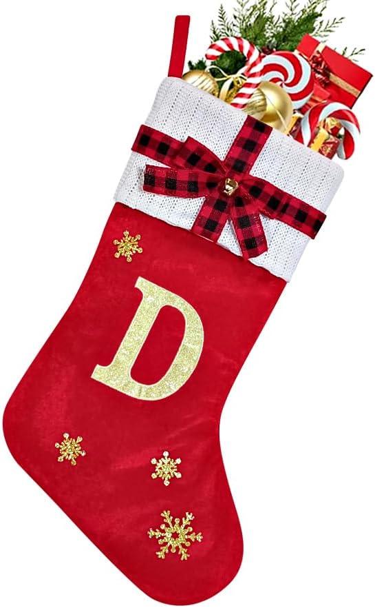 HYTENSUN Letter Christmas Stockings 15.6 Inches Monogram Red Velvet with Bell Xmas Stockings Classic Personalized Stocking Decorations for Family Holiday Season Decor (Sod023rdd)