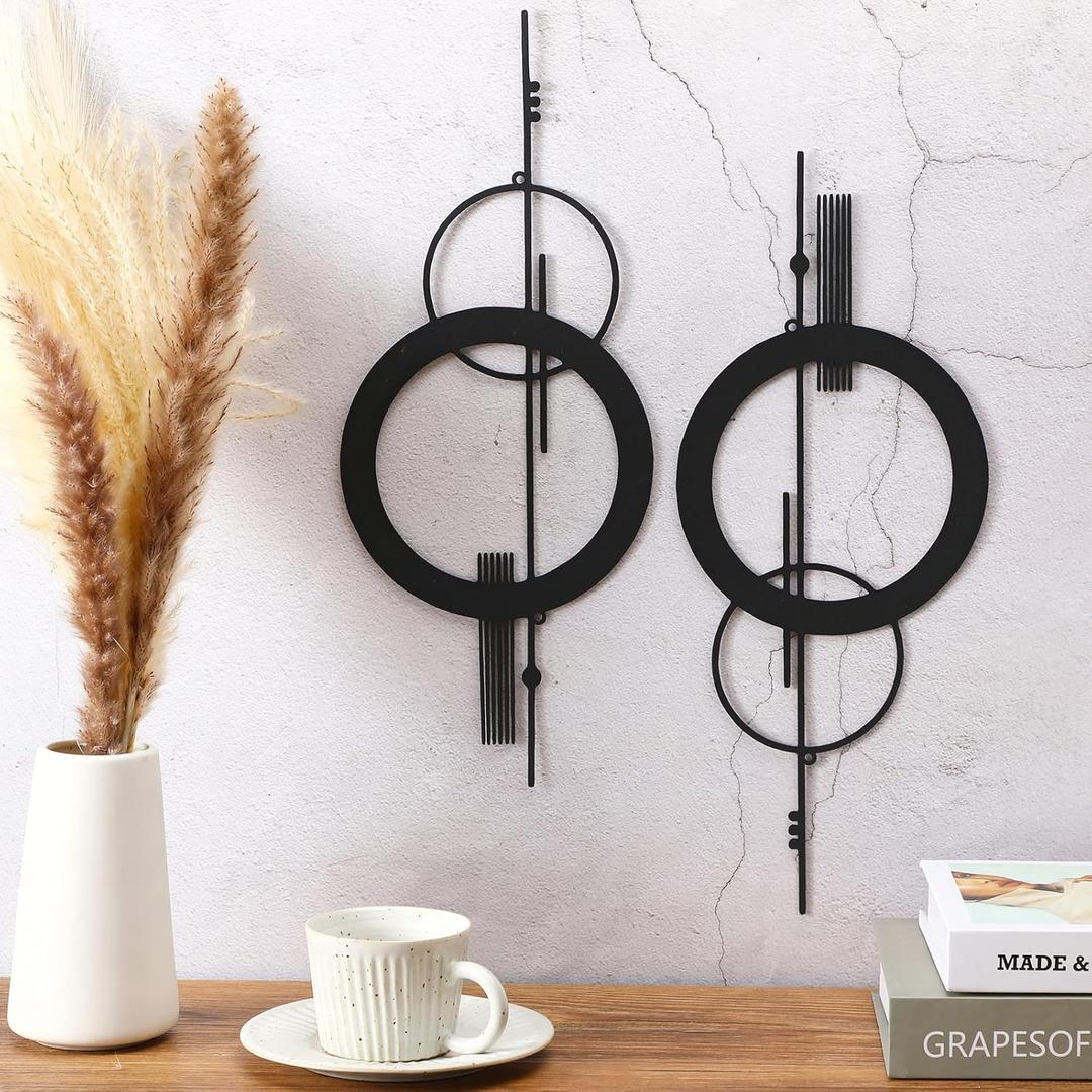 Peryiter 2 Pcs Small Metal Abstract Wall Art 15.7 Inch Black Metal Geometry Wall Decor Minimalist Single Line Art Vertical Sculptures Geometric Modern Hanging for Living Room Bathroom