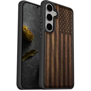 Carveit Wood Case for Galaxy S25 Case 2025 [Natural Wood & Black Soft TPU] Shockproof Protective Cover Unique Wooden Design Compatible with Samsung S25 (American Flag-Walnut)