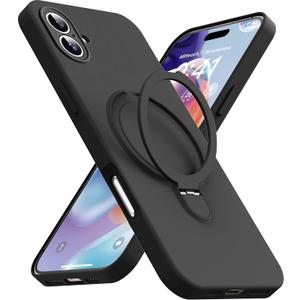 Magnetic Stand for iPhone 17 Case, Liquid Silicone, [Compatible with MagSafe][Built-in Kickstand&Ring Holder] Anti-Scratch Soft Microfiber Lining, Black