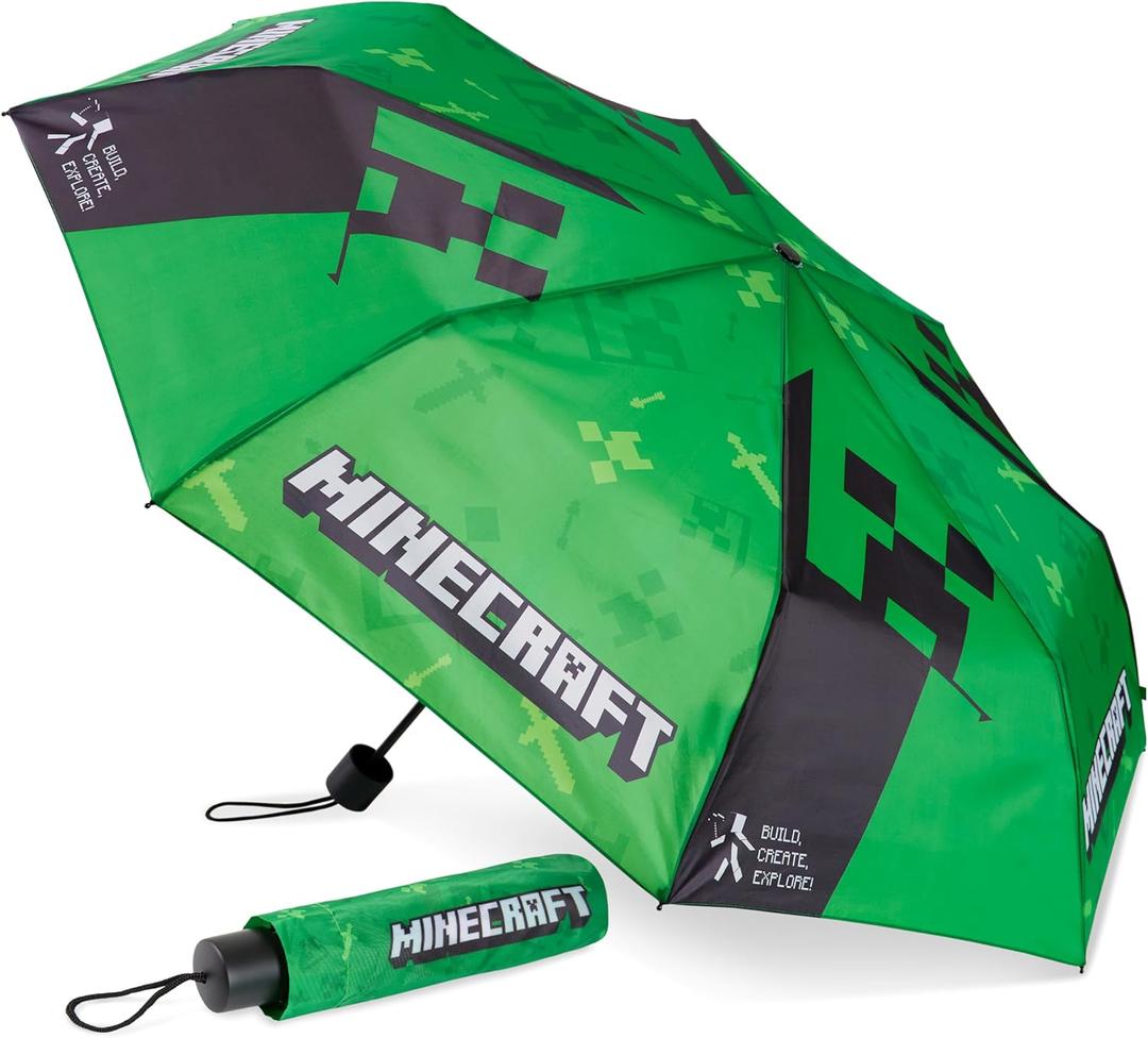 Minecraft Folding Umbrellas for Boys Girls Durable Compact Umbrella Windproof Travel Umbrella for Teens and Gamers (Green/Black)