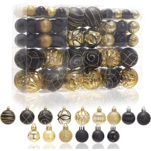 100Pcs Elegant Christmas Balls Set Christmas Tree Ornaments with Glitter and Patterns Bulk Ornaments for Tree as Festive Christmas Decor Xmas Ball Set Black Gold